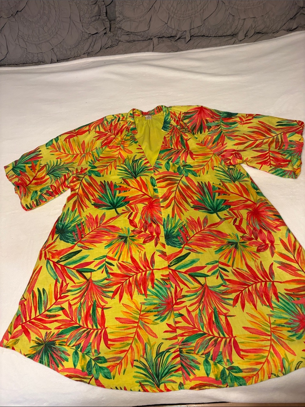 Magaschoni Yellow Tropical Leaf Print V-Neck Mini Dress